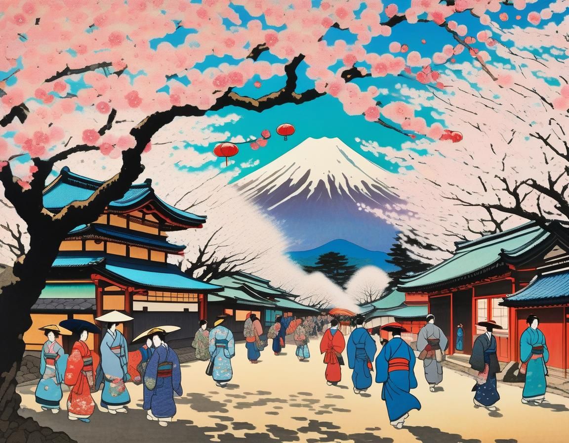 Ukiyo-e Cherry Blossom Festival in Traditional Style