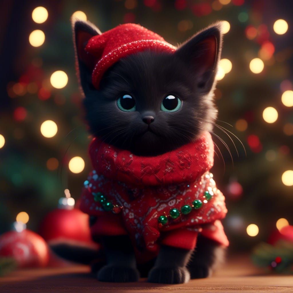 Festive Black Kitten in Christmas Clothes