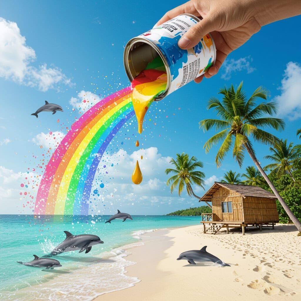 Colorful Paint Beach Scene with Dolphins & Bamboo Cabin
