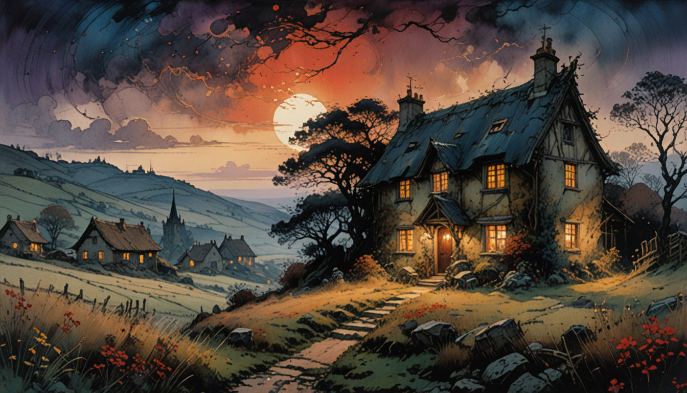 Ethereal Village Scene at Dusk in Ancient Times