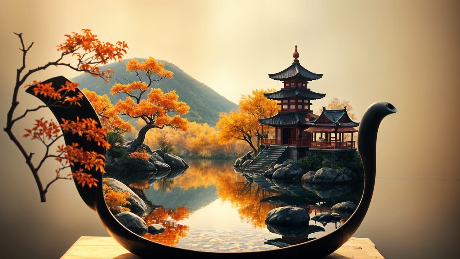 Autumn Japanese Garden Inside a Teapot