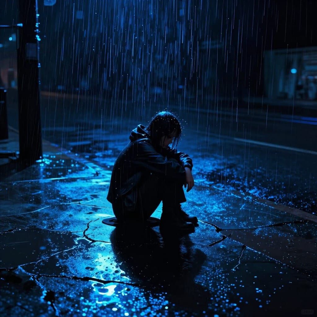 Neon Blue Rain on Cyberpunk Sidewalk