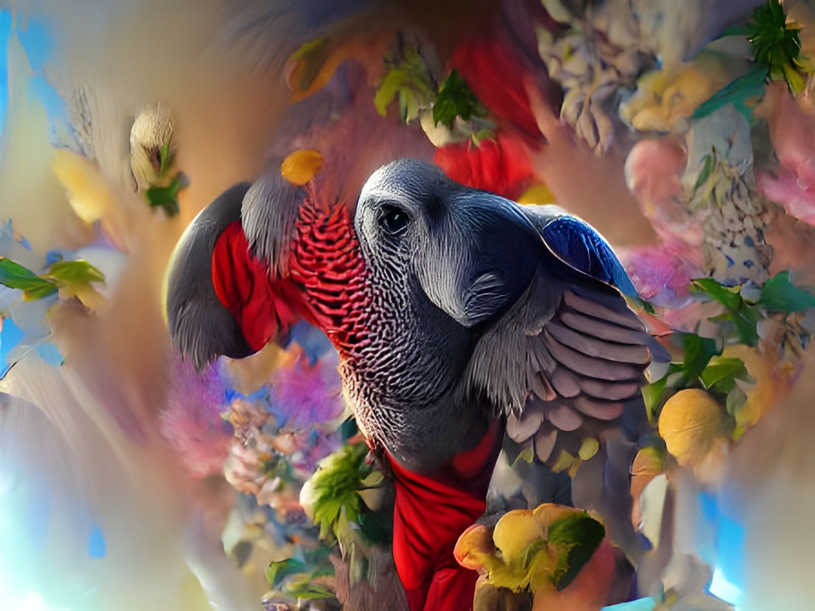 Ornate African Grey Parrot in Dreamlike Matte Painting
