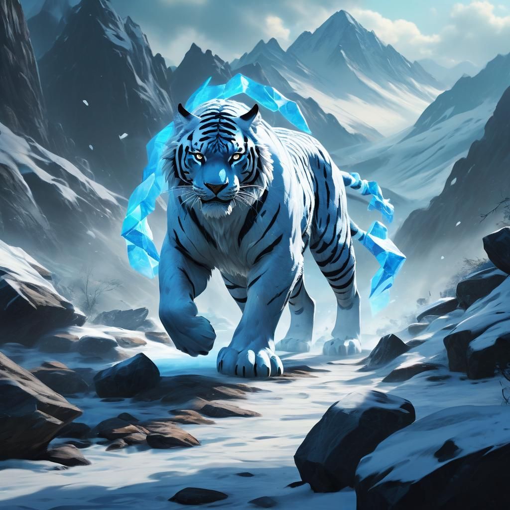 Ice Tiger Walking Among Rocks in 3D Anime Style