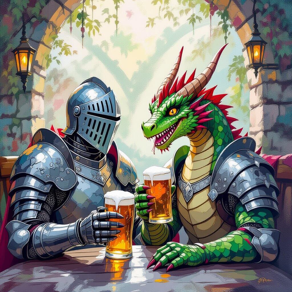 Knight and Dragon Enjoying Beer, Watercolour Concept Art