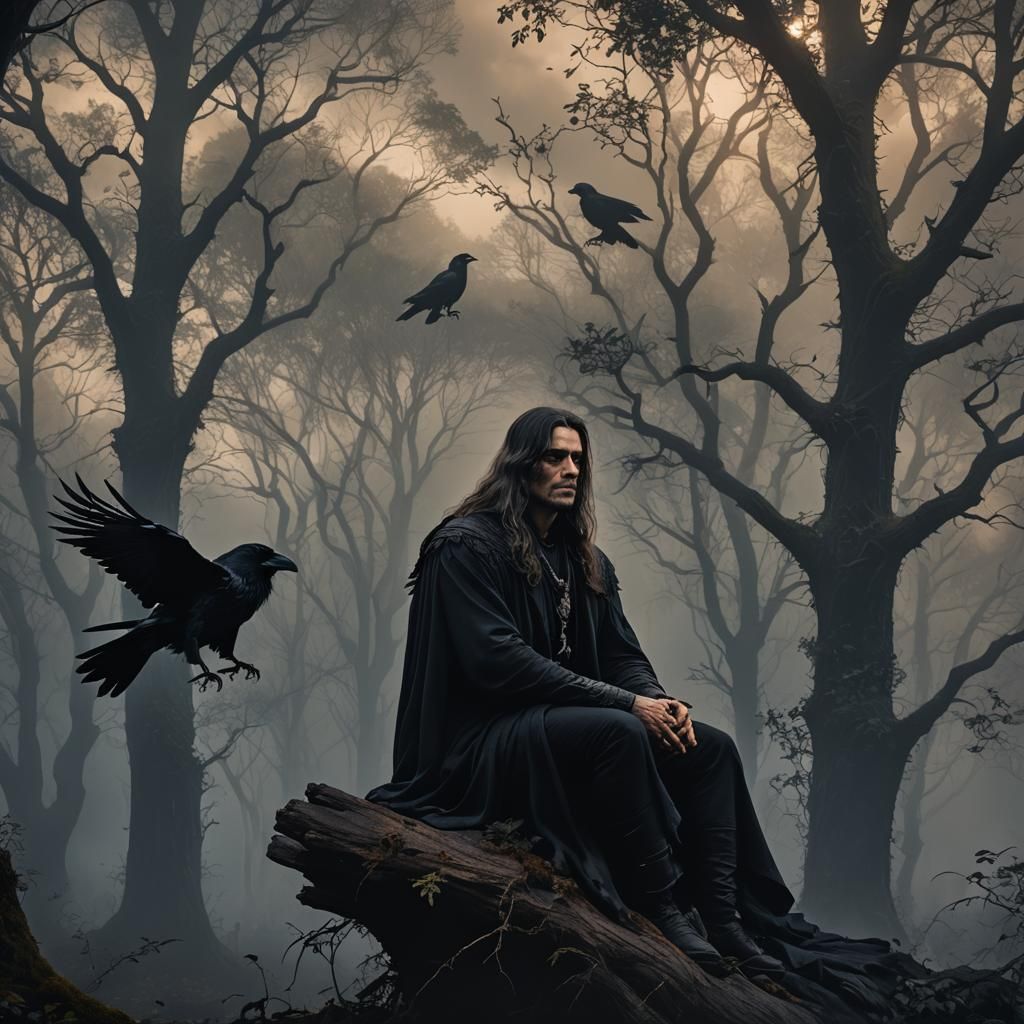 Mystical Man with Raven in Dark Forest: Light Art