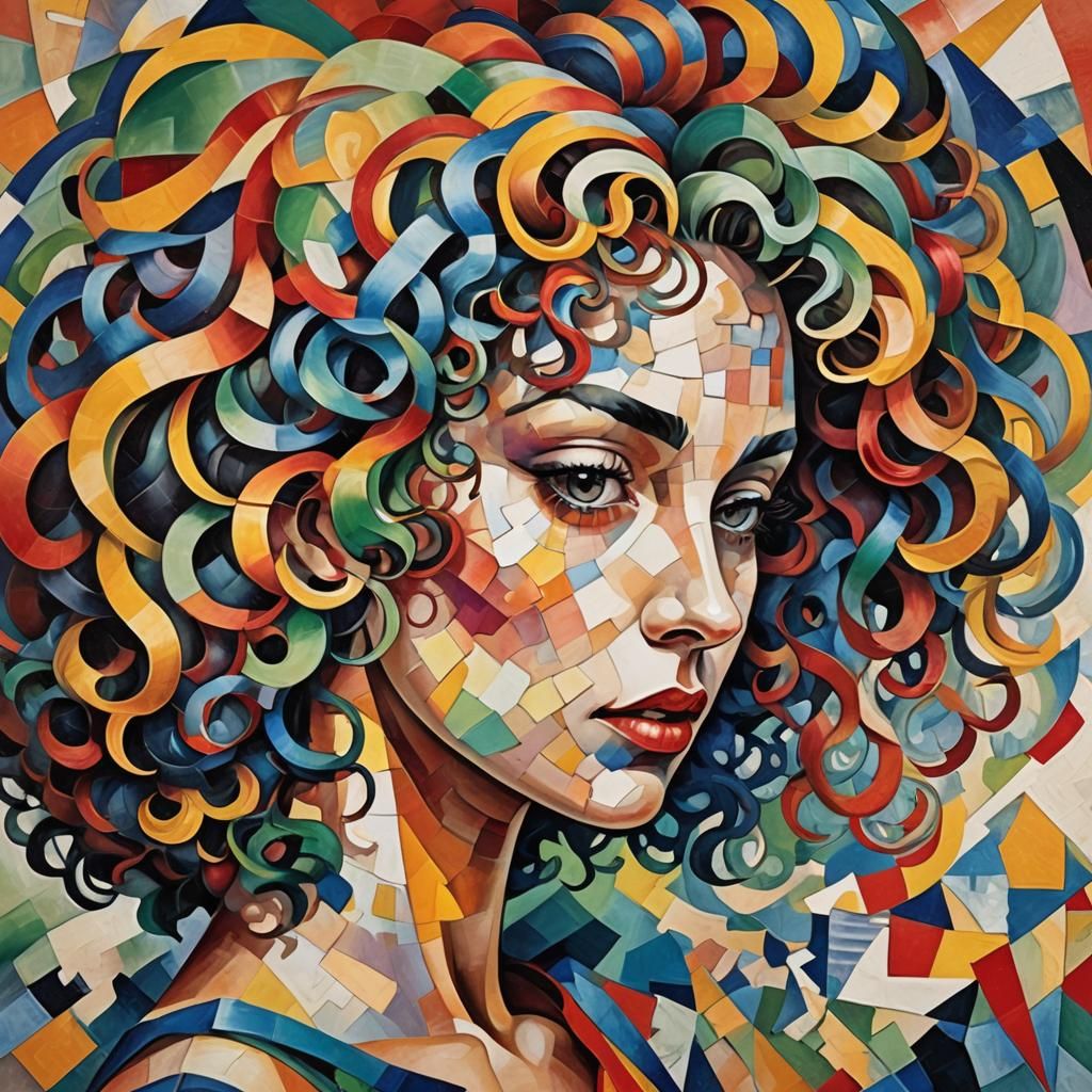 Abstract Cubist Woman with Rainbow Hair