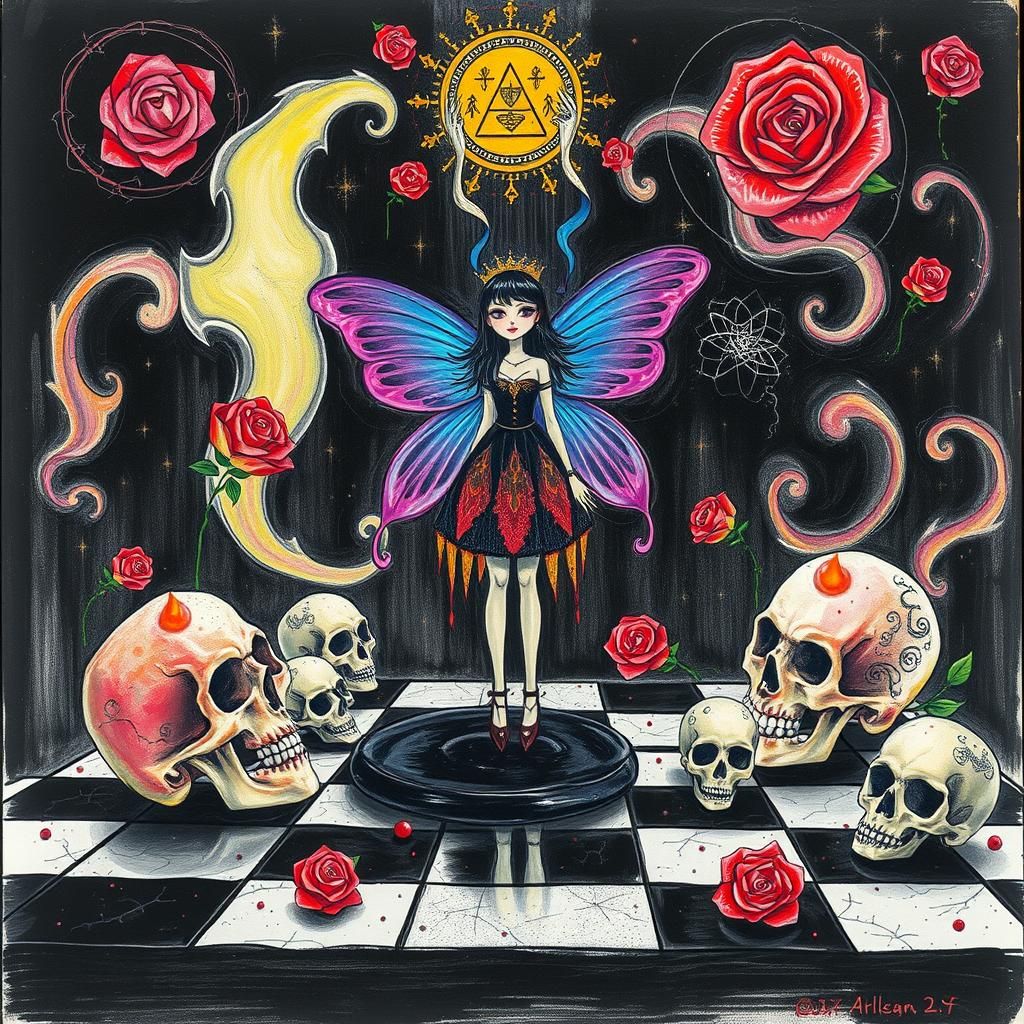 Surreal Crayon Drawing: Goth Woman on Chessboard