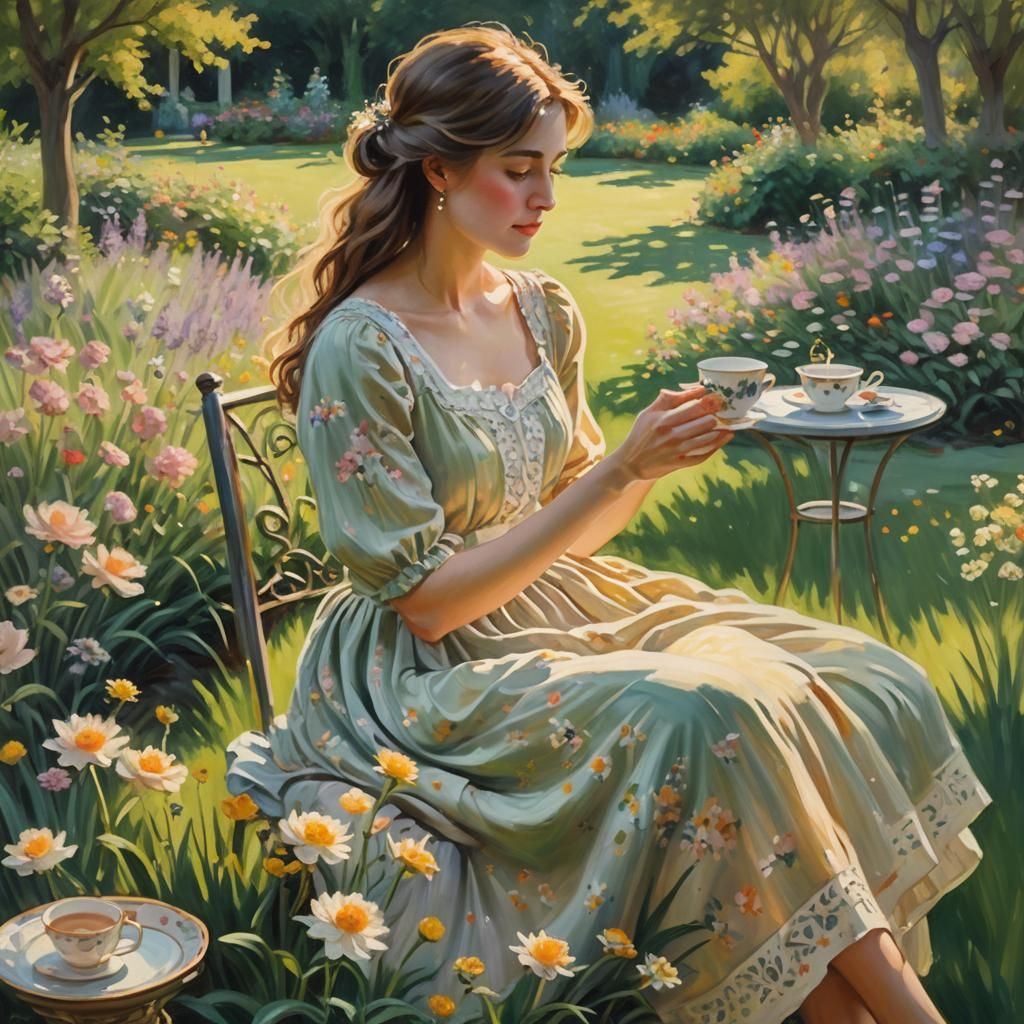 Woman in Garden Sipping Tea, Impressionist Painting