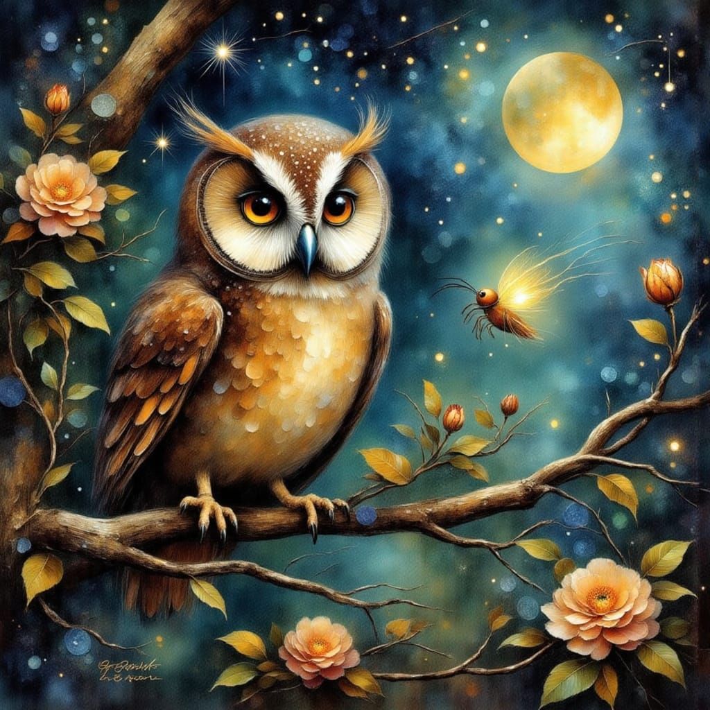 Owl and Firefly Friendship Oil Painting