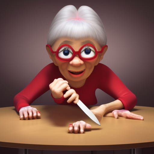 Grandma with Red Eyes Eating Toes: Pixar-Style 3D Art
