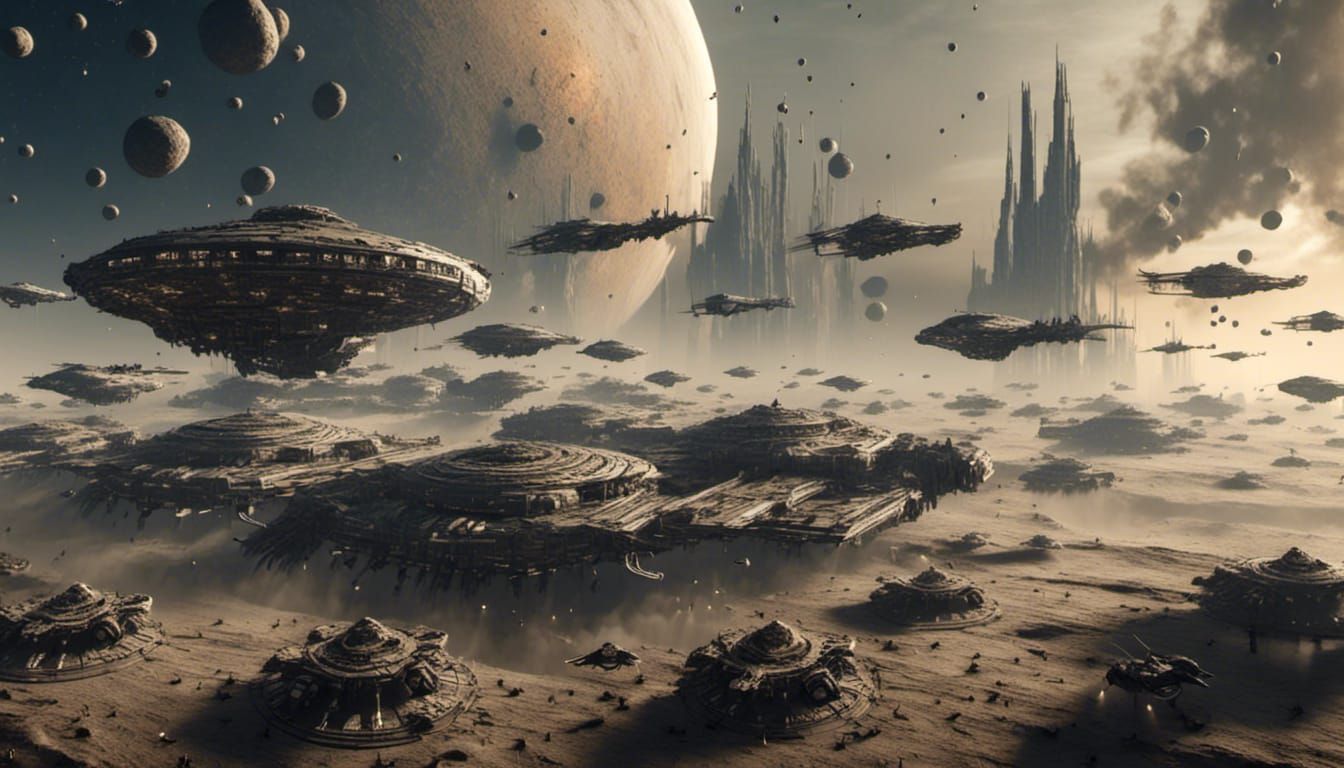 Spaceships Fleeing Destroyed Planet in Sci-Fi Style