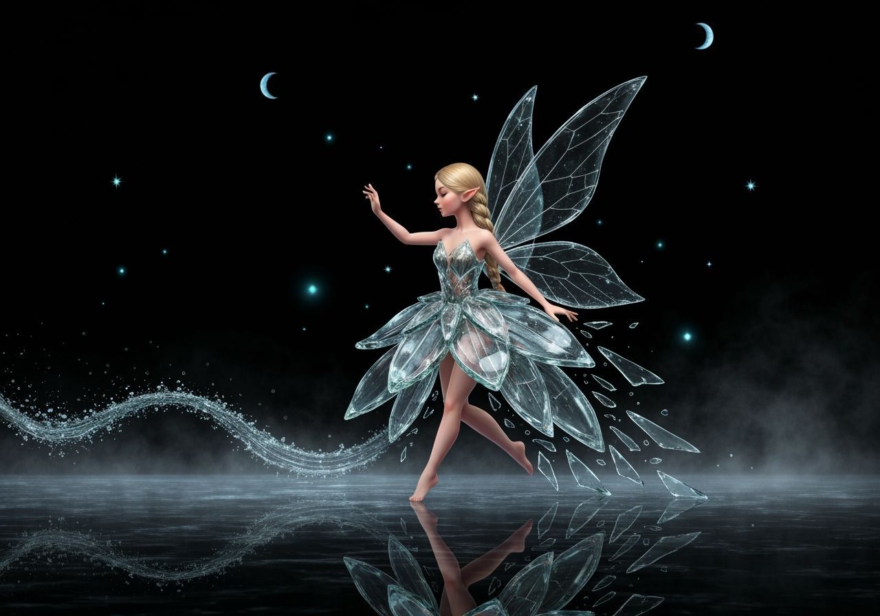 Tiny Fairy Dancing on Reflective Surface in Glass Flower Dre...