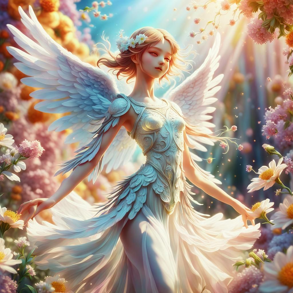 Fantasy Angel Dancing in Floral Anime Style
