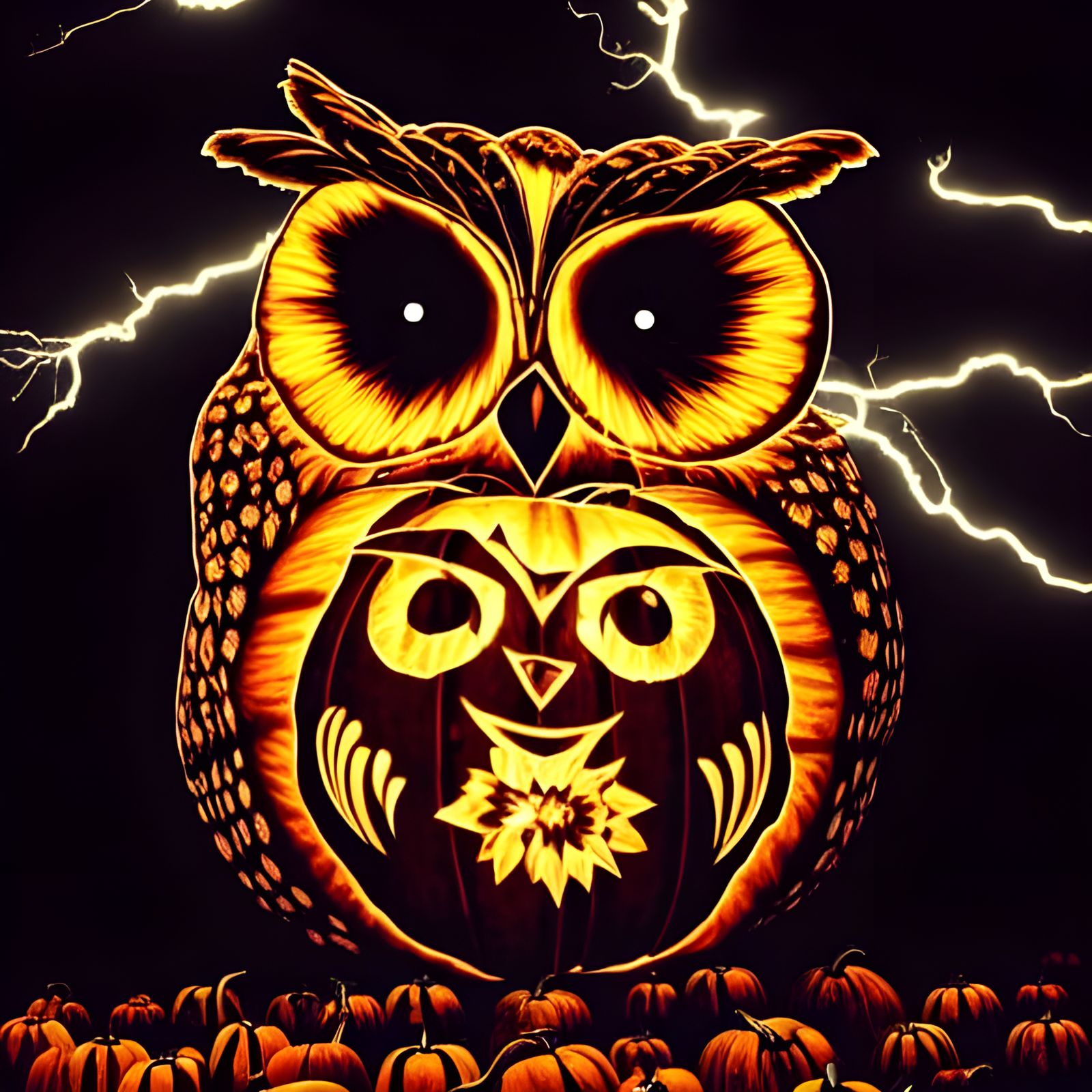 Pumpkin Owl Portrait in Lightning Storm