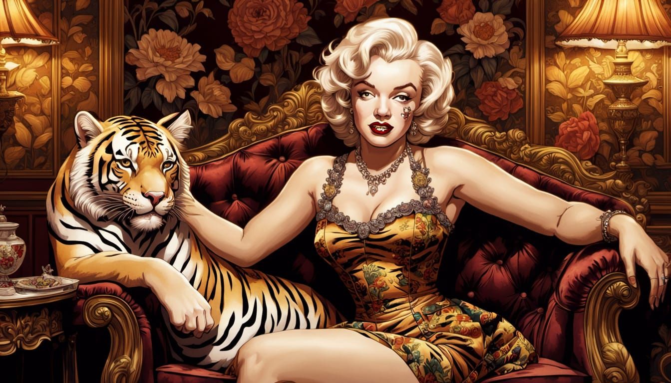 Marilyn Monroe and Tiger in Victorian Parlor, Comic Art
