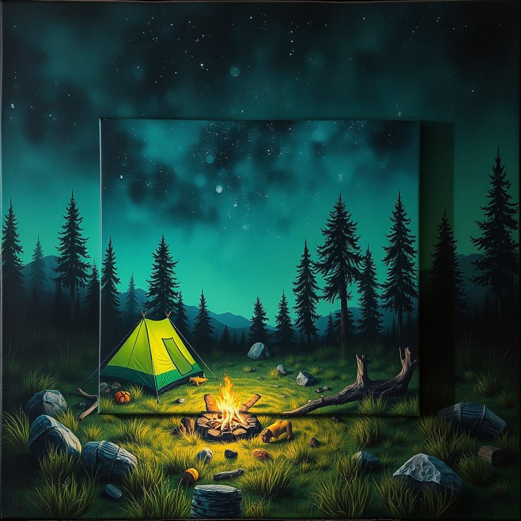 Night Camping Scene with Neon Light Painting