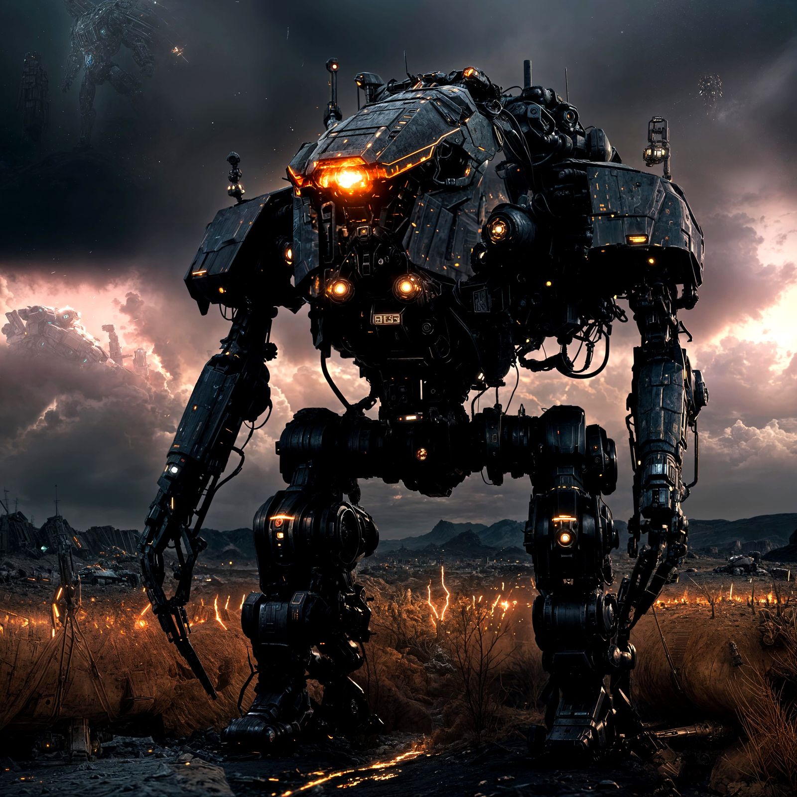 Armored Mech with Plasma Cannon in Wasteland