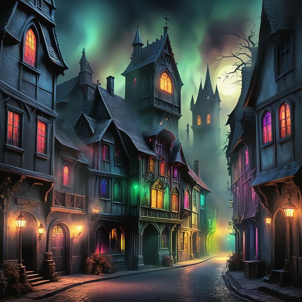 Haunted Gothic Street with Ghosts and Glowing Eyes