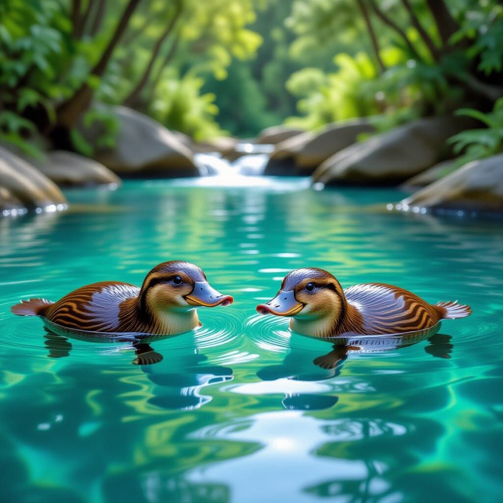 Platypuses Swimming in a Creek, Photorealistic