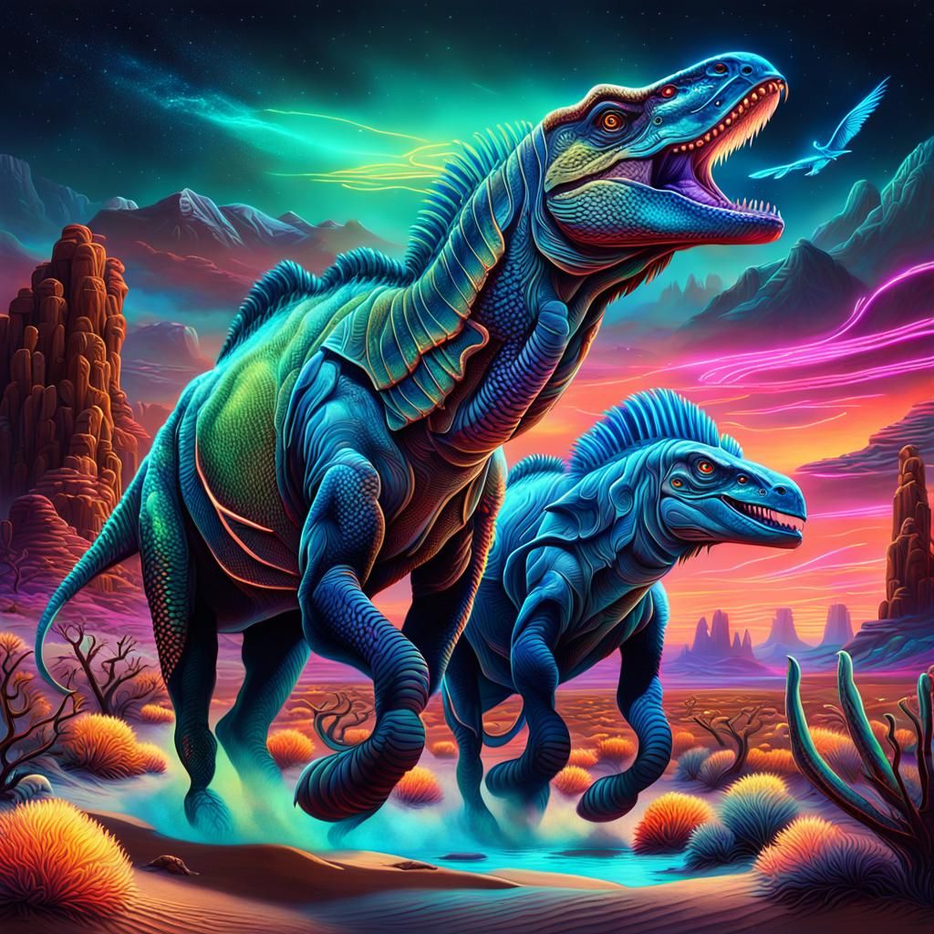 A majestic dinosaurs with vibrant neon bioluminescent lights...