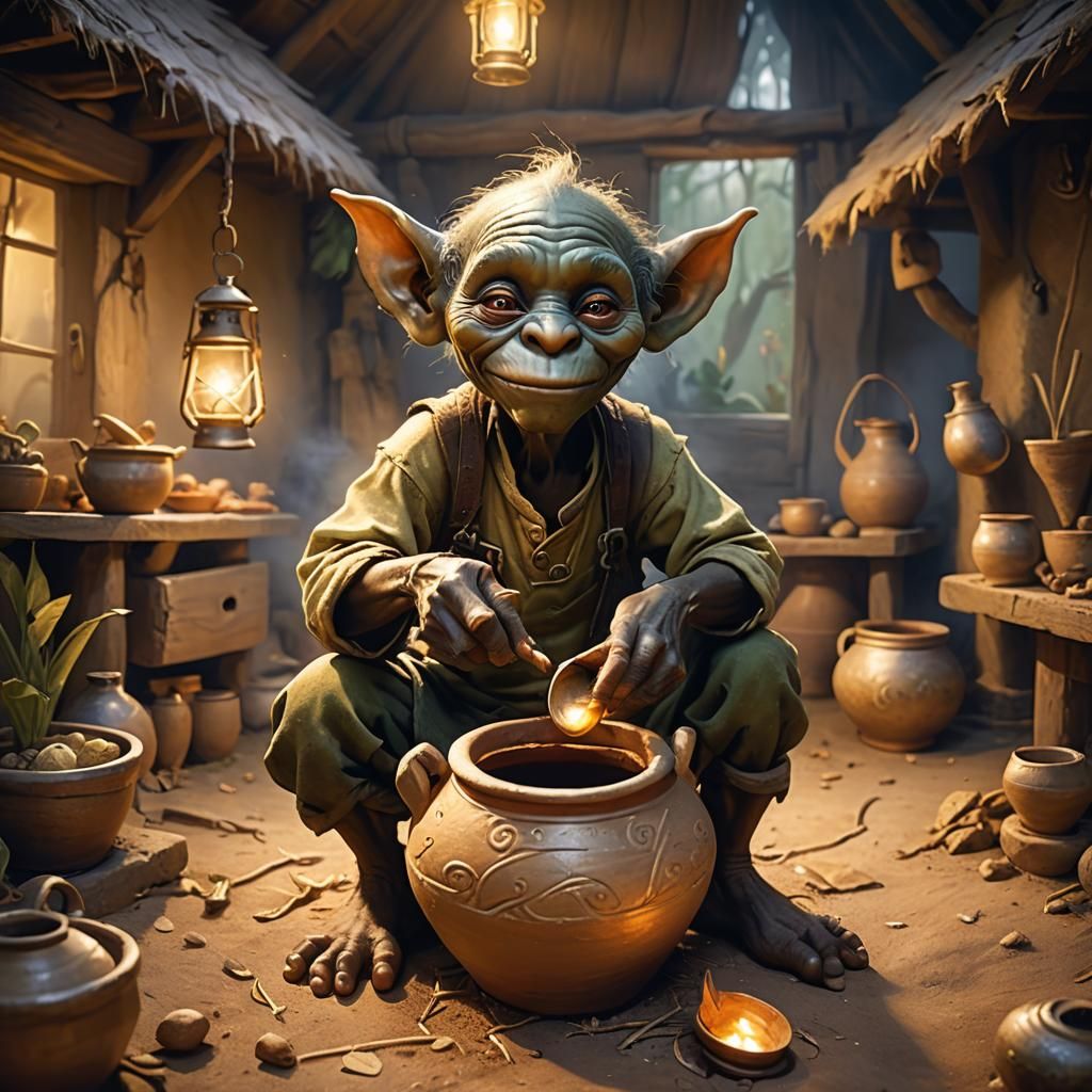 Mischievous Goblin Stealing Food in Hut, Oil Painting