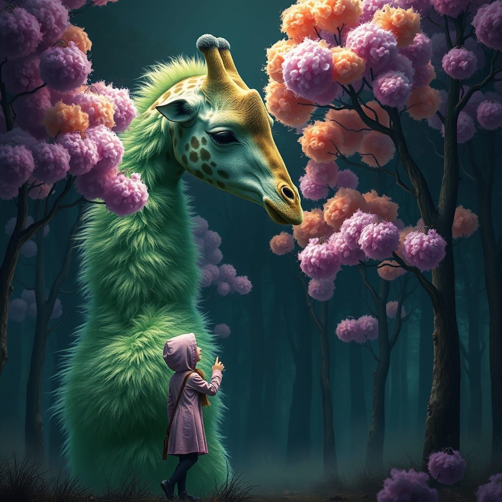 Fluffy Green Giant Giraffe in Dark Forest