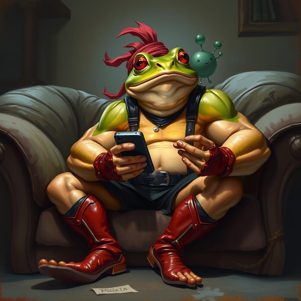 front facing extremely muscular surprised frog  ,  red headb...