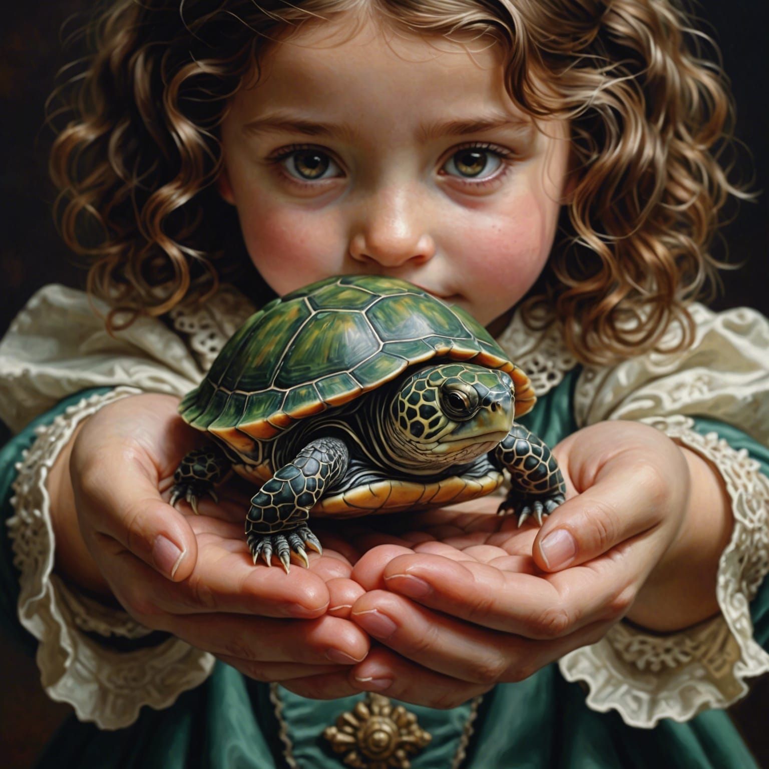 Girl Holds Turtle in Hyperrealistic Victorian Style