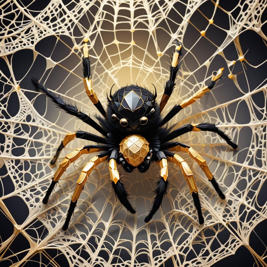 Cartoon Spider in Golden Web Dress: Low-Poly Art