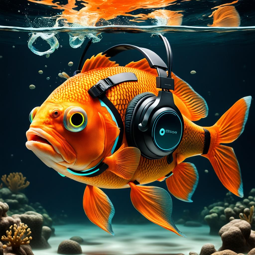 Orange Fish Wearing Headset Underwater