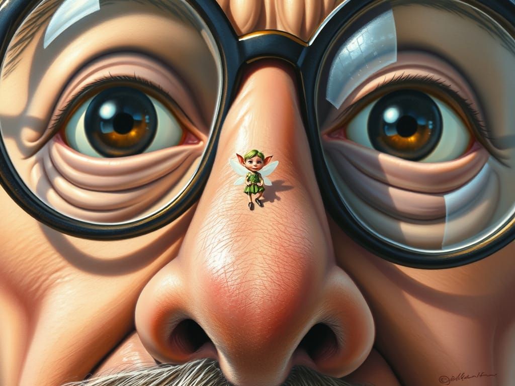 Tiny Pixie on Giant's Nose, Fantasy Oil Painting