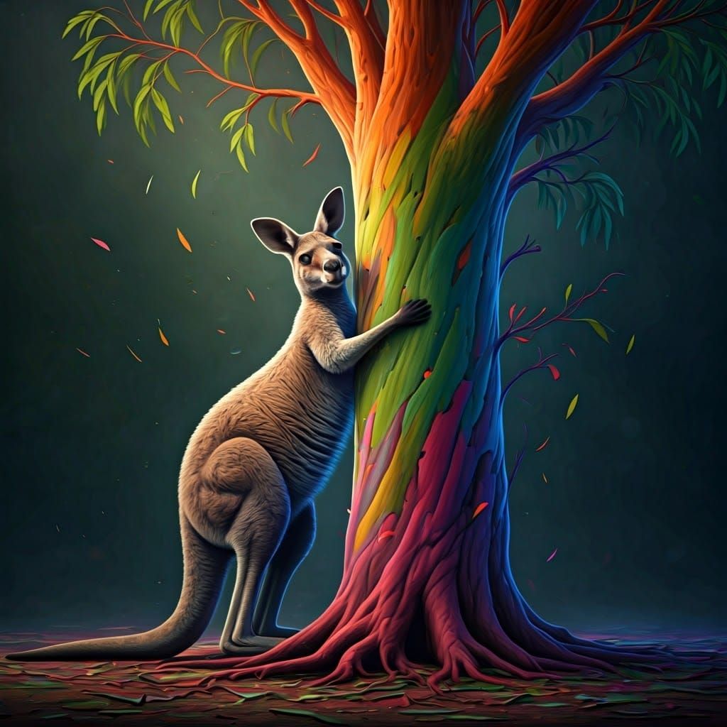 Playful Kangaroo Hugging Rainbow Eucalyptus Tree