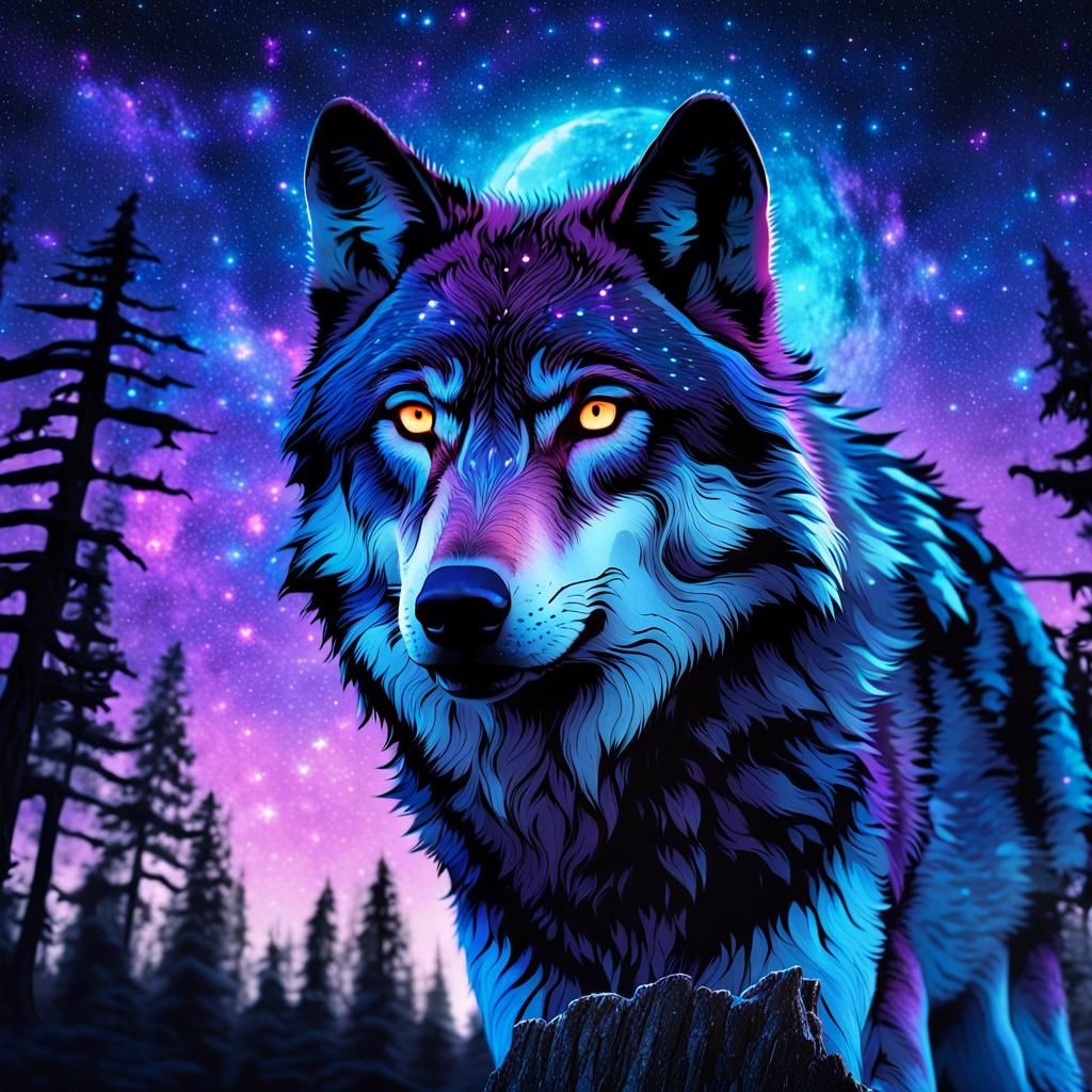 Wolf Shadow Amidst Glowing Constellations and Trees