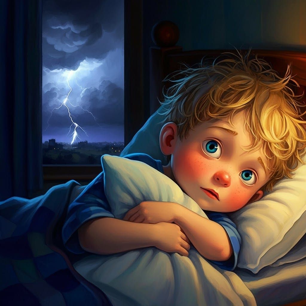 Boy in Bed During Storm: Moody Atmospheric Scene