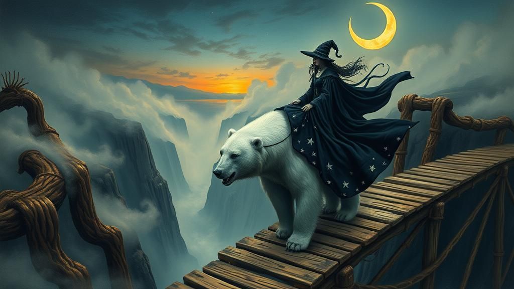 Mystical Witch Rides Polar Bear: Surreal Twilight Scene