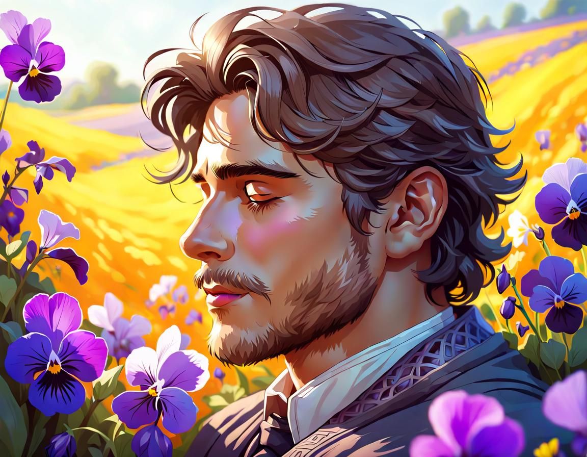 Handsome Man Sleeping in Viola Field: Hyperdetailed Portrait