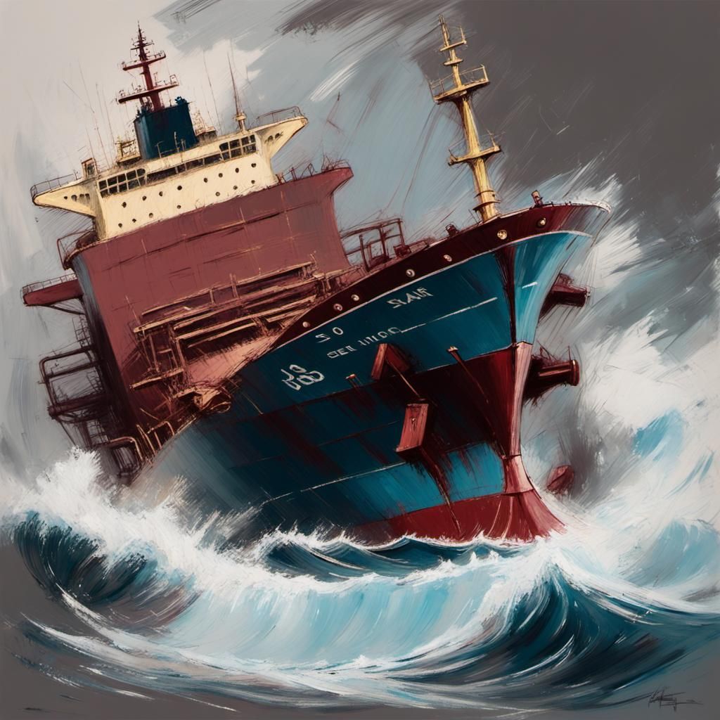 Stormy Seas: Oil Tanker Sketch in Asencio Style