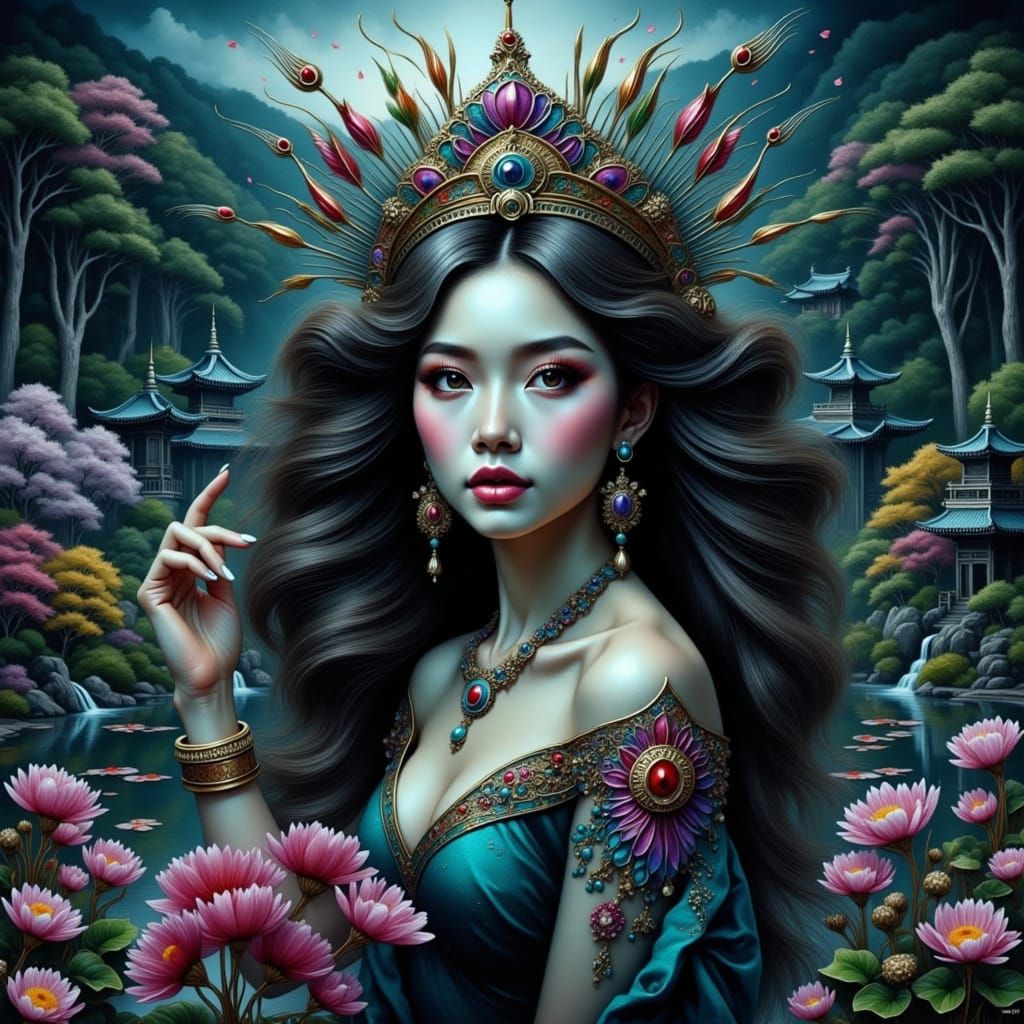 Japanese Garden Serenity: Majestic Peacock Amidst Cherry Blo...