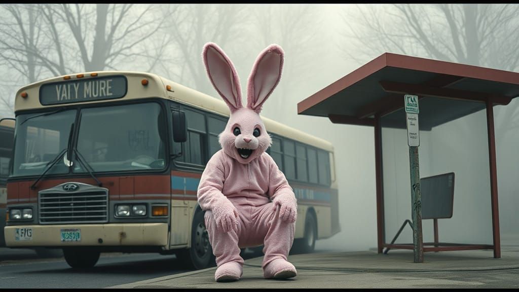 Eerie Pink Bunny Suit at Abandoned Bus Stop