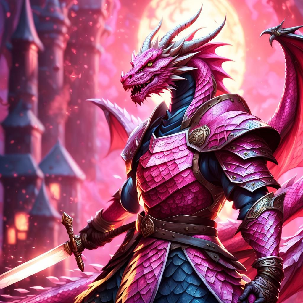 Elegant Hot Pink Dragon Humanoid Cleric in Vibrant Anime Sty...