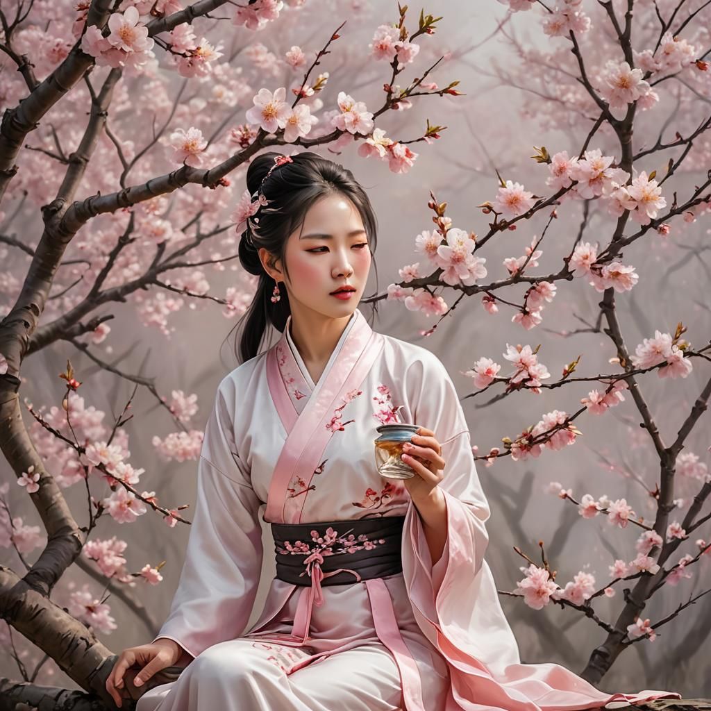Chinese Princess in Cherry Blossom Spring Scene