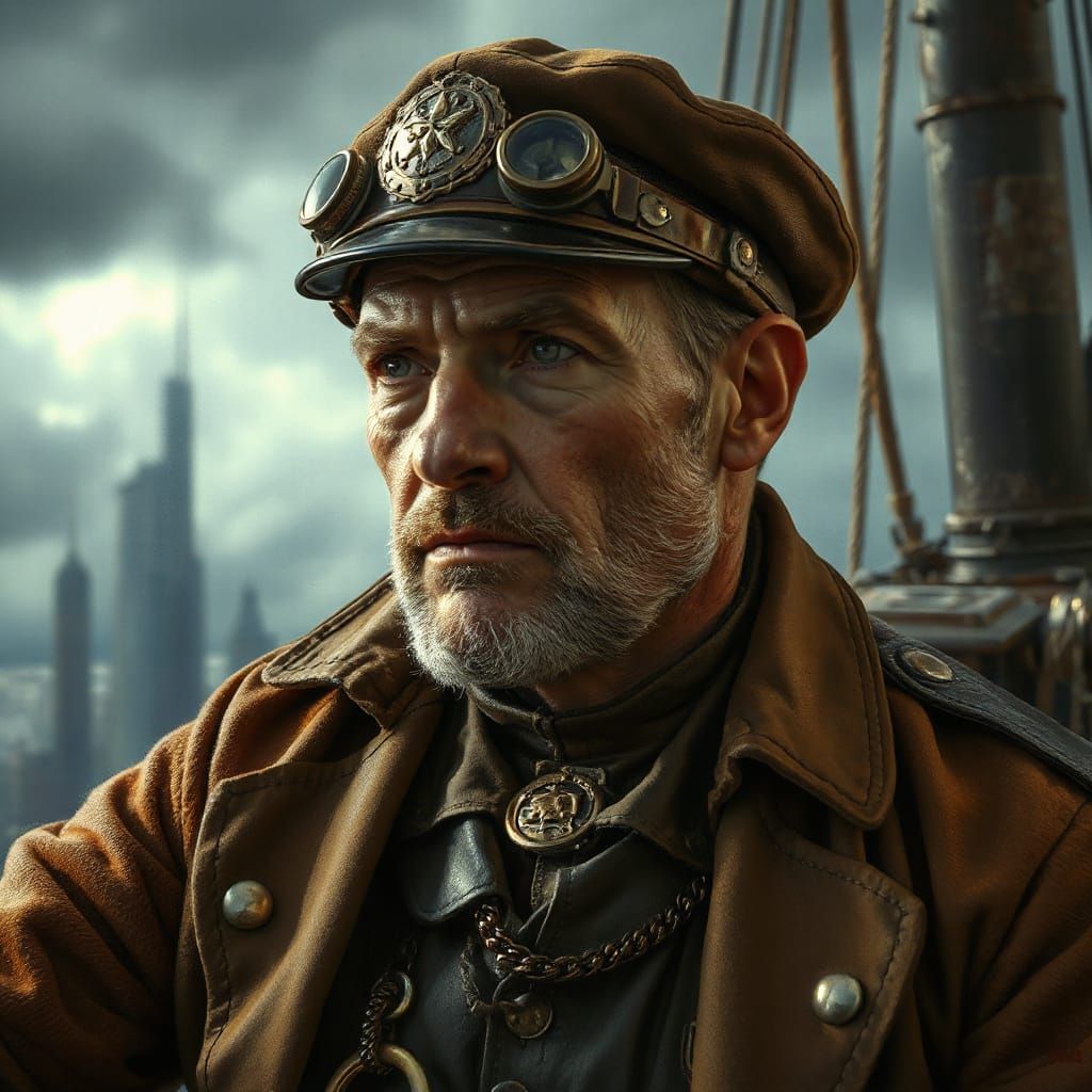 Steampunk Airship Captain in Storm, Digital Painting