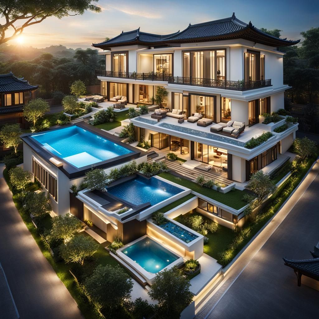 Luxury Villa with Chinese Palace Style and Zen Garden