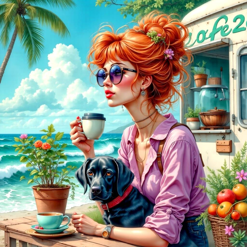 Woman and Labrador at Beachside Coffee, Watercolor Style
