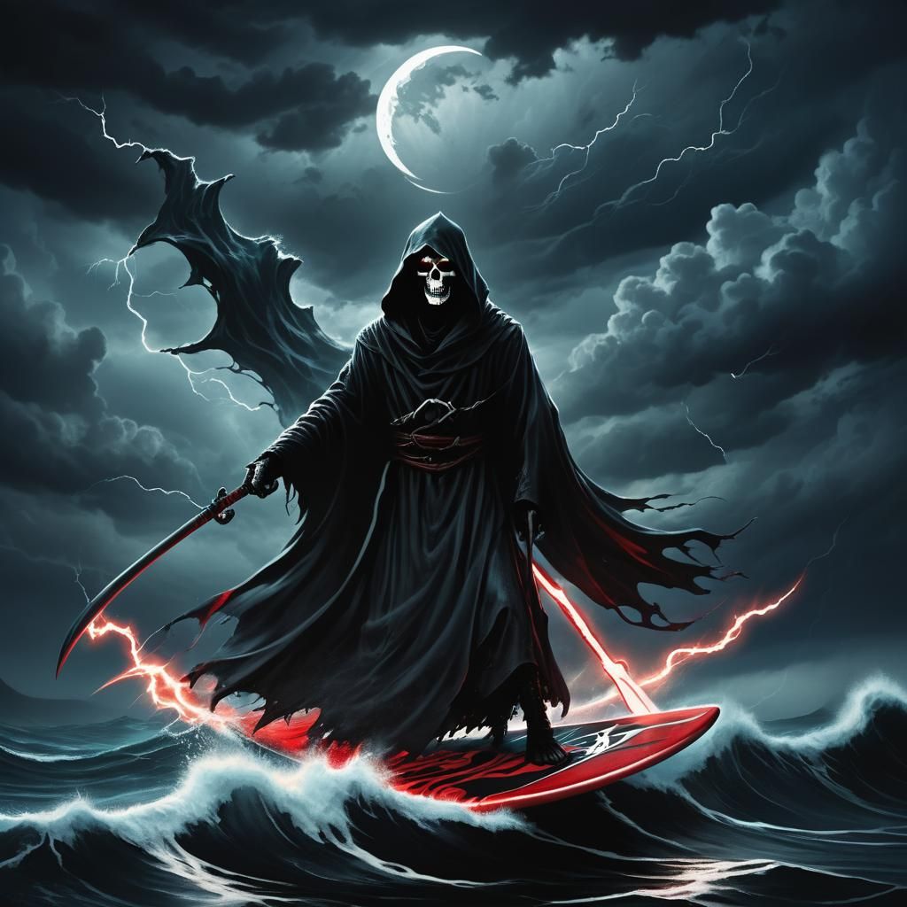 Grim Reaper Surfing a Stormy Sea: Dark Fantasy Art