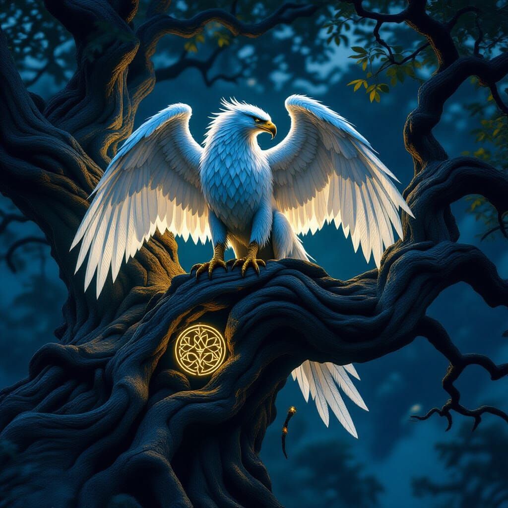 Griffin on Ancient Tree with Glowing Symbols
