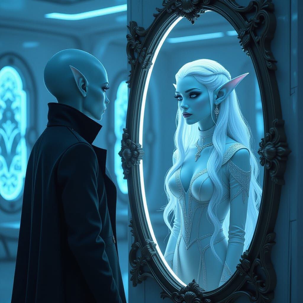 Alien Mirror: Elf Reflection in Stalenhag Style