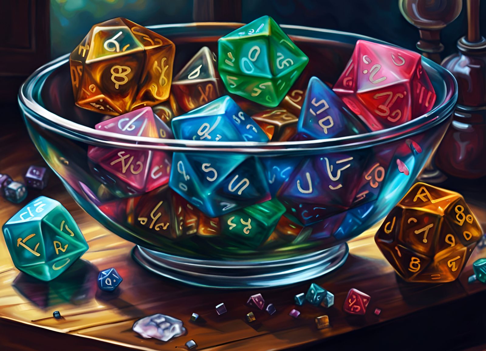Polyhedral Dice Still Life in Hyperrealistic Style