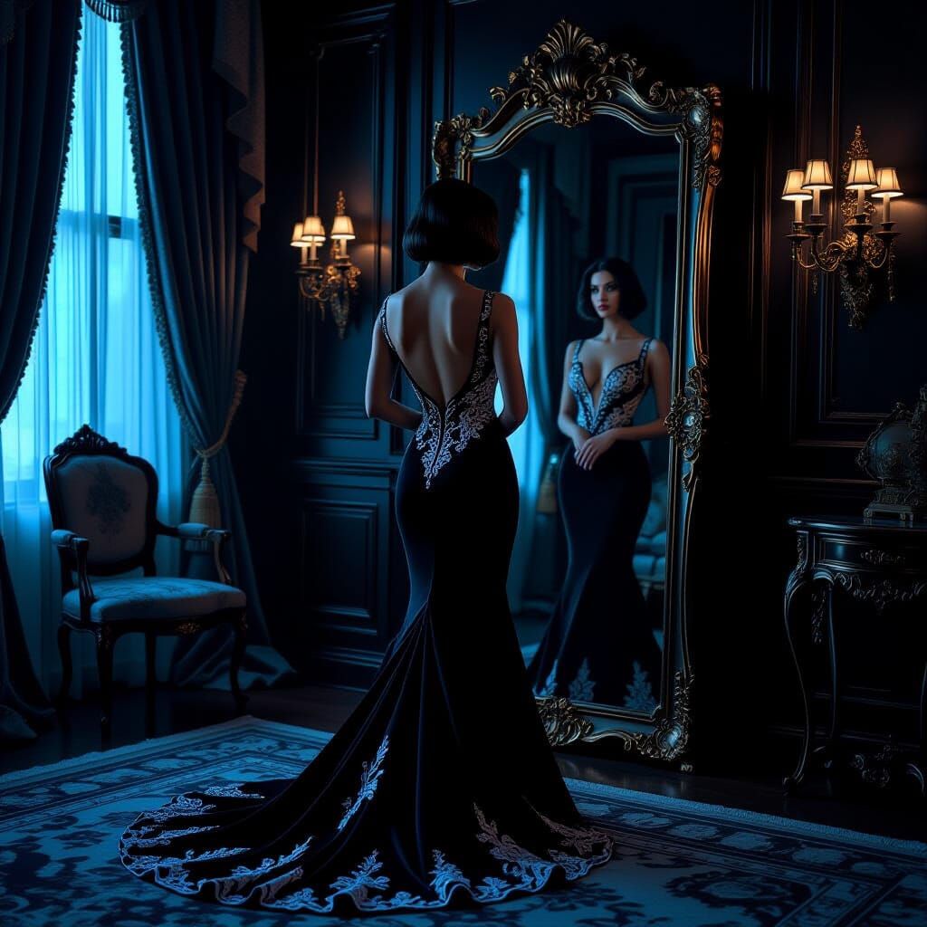 Woman in Black Gown Reflects in Antique Mirror